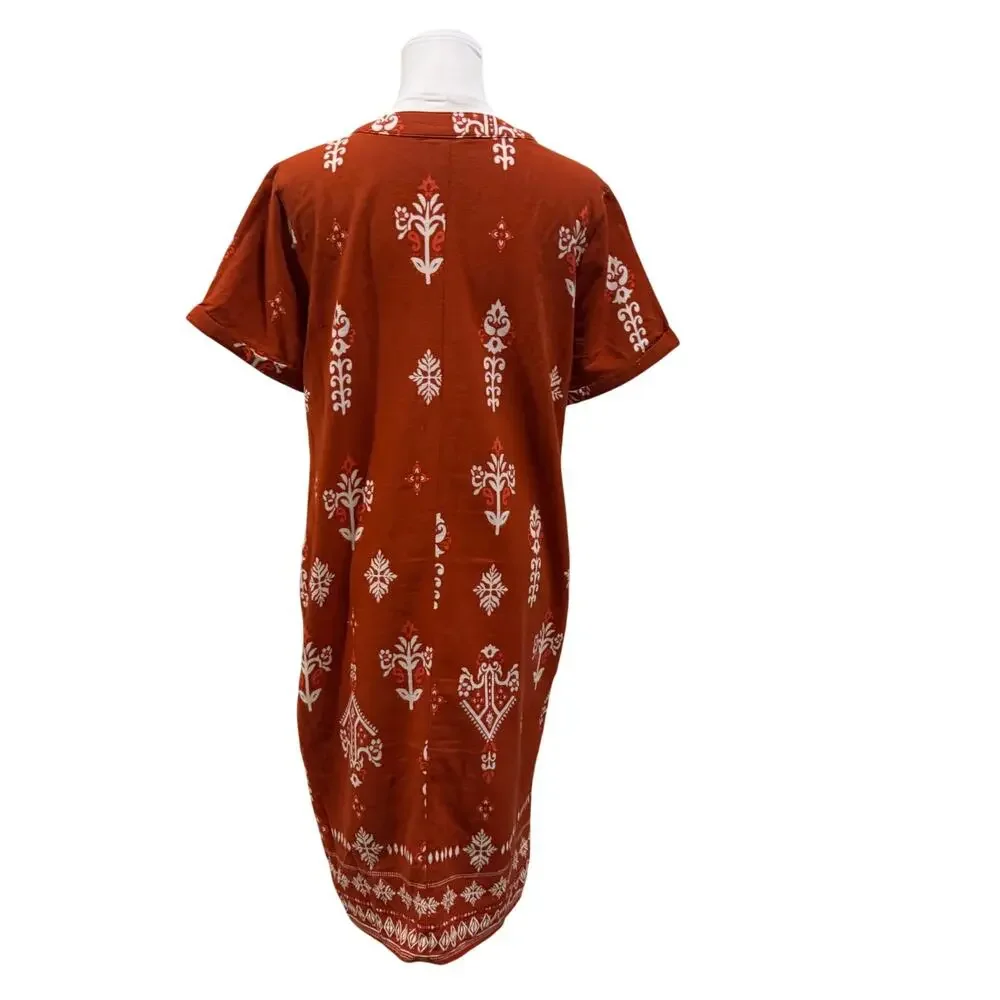 St. John's Bay Linen Blend Midi Dress Rust Orange Boho Pockets Small Vacation